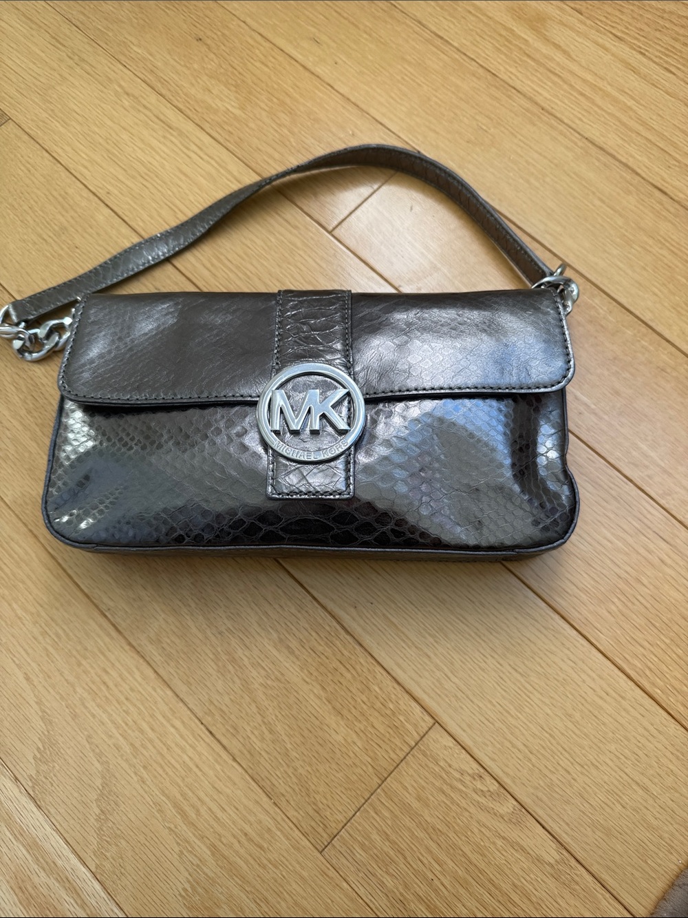 Michael Kors Metallic Gunmetal Snake-Embossed Wristlet